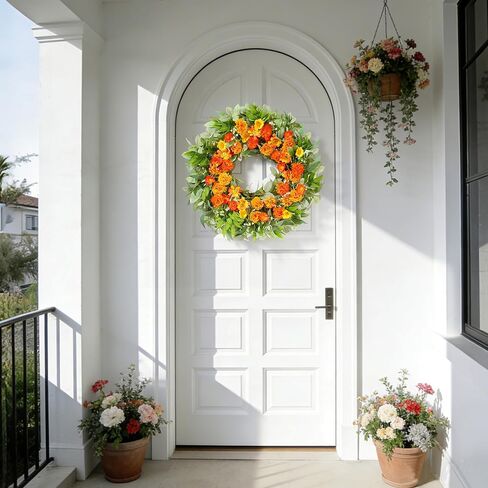 24 Inch Summer Wreaths for Front Door with Carnations, Daisies and Eucalyptus - Artificial Spring Summer Front Door Wreath for Farmhouse, Porch, Window, Wedding, Celebration, Indoor Outdoor Home Décor in Saudi Arabia