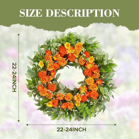 24 Inch Summer Wreaths for Front Door with Carnations, Daisies and Eucalyptus - Artificial Spring Summer Front Door Wreath for Farmhouse, Porch, Window, Wedding, Celebration, Indoor Outdoor Home Décor in Saudi Arabia