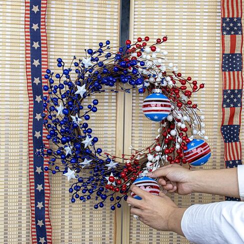 22 Inch 4th of July Wreath Independence Day Wreaths for Front Door Patriotic Wreath with Red White Blue Berries for July Fourth Memorial Day in Saudi Arabia