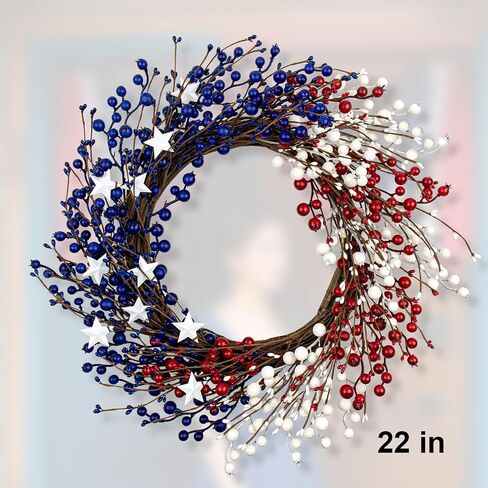22 Inch 4th of July Wreath Independence Day Wreaths for Front Door Patriotic Wreath with Red White Blue Berries for July Fourth Memorial Day in Saudi Arabia
