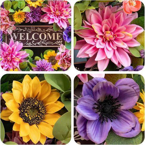 Spring and Summer Wreaths for Front Door 24 Inch Summer Wreath with Lifelike Sunflower,Pink and Purple Dahlia Spring Door Wreath with Welcome Sign,Outdoor Decor in Saudi Arabia