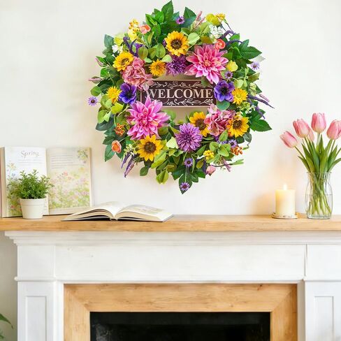 Spring and Summer Wreaths for Front Door 24 Inch Summer Wreath with Lifelike Sunflower,Pink and Purple Dahlia Spring Door Wreath with Welcome Sign,Outdoor Decor in Saudi Arabia