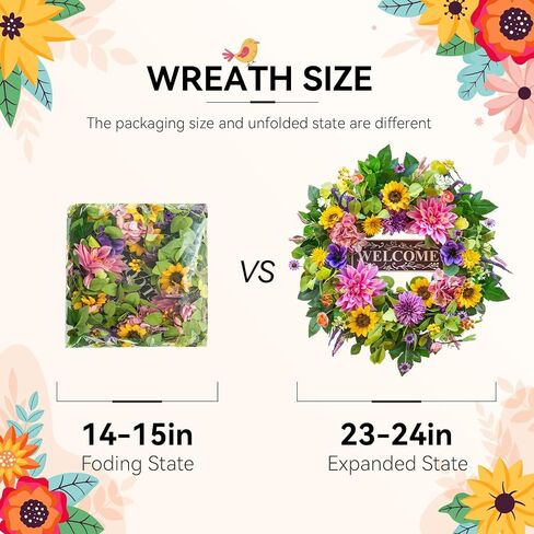 Spring and Summer Wreaths for Front Door 24 Inch Summer Wreath with Lifelike Sunflower,Pink and Purple Dahlia Spring Door Wreath with Welcome Sign,Outdoor Decor in Saudi Arabia