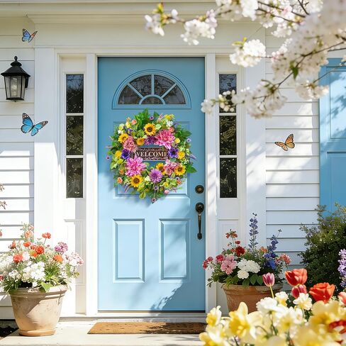 Spring and Summer Wreaths for Front Door 24 Inch Summer Wreath with Lifelike Sunflower,Pink and Purple Dahlia Spring Door Wreath with Welcome Sign,Outdoor Decor in Saudi Arabia