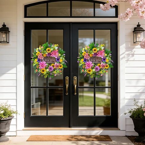Spring and Summer Wreaths for Front Door 24 Inch Summer Wreath with Lifelike Sunflower,Pink and Purple Dahlia Spring Door Wreath with Welcome Sign,Outdoor Decor in Saudi Arabia