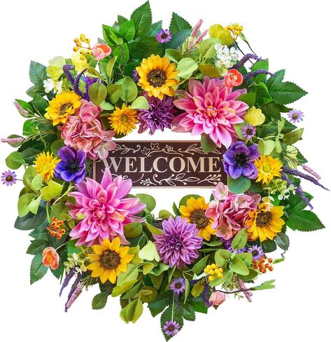 Spring and Summer Wreaths for Front Door 24 Inch Summer Wreath with Lifelike Sunflower,Pink and Purple Dahlia Spring Door Wreath with Welcome Sign,Outdoor Decor in Saudi Arabia
