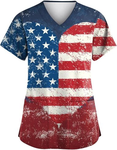 Women's 4th of July Scrub Top Patriotic USA Flag Print V Neck Short Sleeve Nursing Uniform for Independence Day in Saudi Arabia