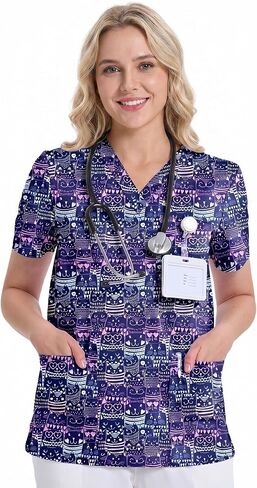 Scrub Tops for Women, V Neck Printed Shirts with 3 Pockets, Soft & Durable Fabric in Saudi Arabia
