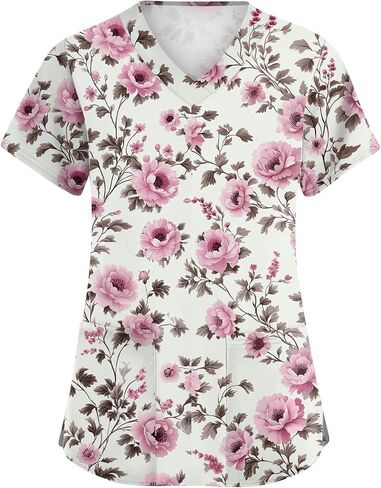 Scrubs for Women Floral Print V-Neck Short Sleeve Scrub Top Plus Size Nurse Shirt Soft Nurse Uniform with Pockets in Saudi Arabia