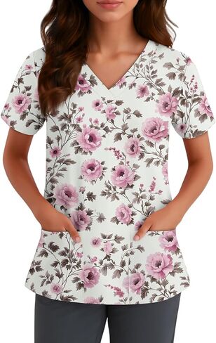 Scrubs for Women Floral Print V-Neck Short Sleeve Scrub Top Plus Size Nurse Shirt Soft Nurse Uniform with Pockets in Saudi Arabia