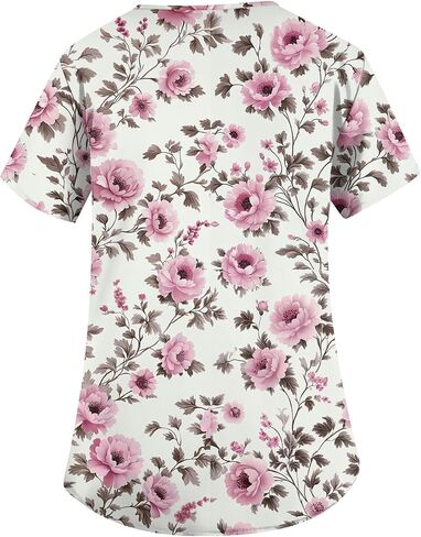 Scrubs for Women Floral Print V-Neck Short Sleeve Scrub Top Plus Size Nurse Shirt Soft Nurse Uniform with Pockets in Saudi Arabia