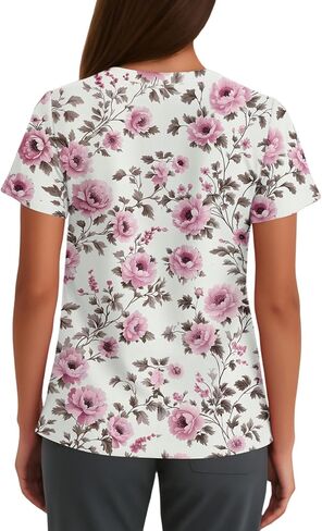 Scrubs for Women Floral Print V-Neck Short Sleeve Scrub Top Plus Size Nurse Shirt Soft Nurse Uniform with Pockets in Saudi Arabia