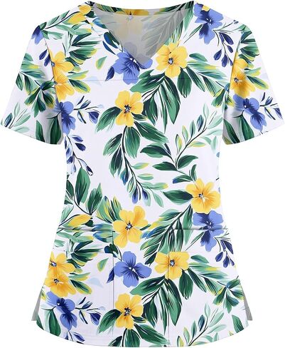 Plus Size Scrubs for Women Stretch Floral Printed Nurse Shirt V Neck Short Sleeve Scrub Tops Comfort Nursing Tops in Saudi Arabia