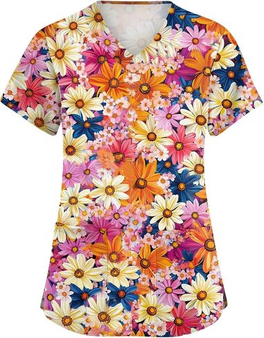 Scrubs for Women Floral Print V-Neck Short Sleeve Scrub Top Plus Size Nurse Shirt Soft Nurse Uniform with Pockets in Saudi Arabia