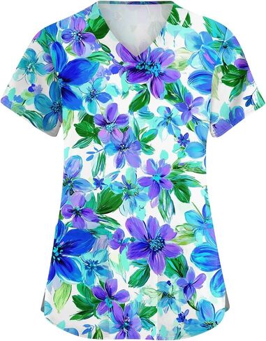 Scrubs for Women Floral Print V-Neck Short Sleeve Scrub Top Plus Size Nurse Shirt Soft Nurse Uniform with Pockets in Saudi Arabia