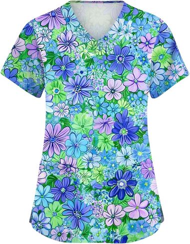 Scrubs for Women Floral Print V-Neck Short Sleeve Scrub Top Plus Size Nurse Shirt Soft Nurse Uniform with Pockets in Saudi Arabia