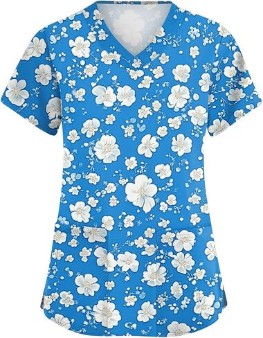 Scrubs for Women Floral Print V-Neck Short Sleeve Scrub Top Plus Size Nurse Shirt Soft Nurse Uniform with Pockets in Saudi Arabia