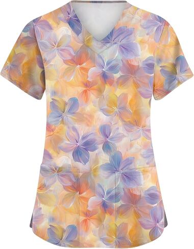 Scrubs for Women Floral Print V-Neck Short Sleeve Scrub Top Plus Size Nurse Shirt Soft Nurse Uniform with Pockets in Saudi Arabia
