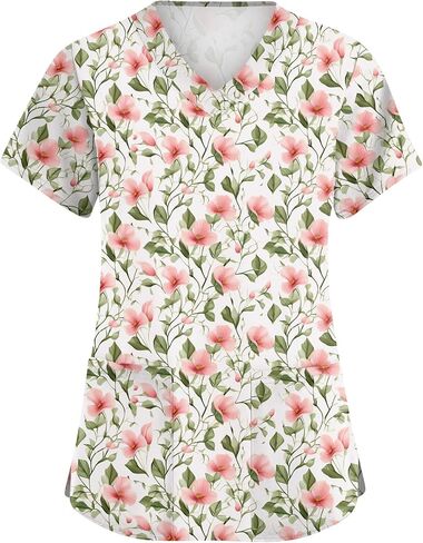 Scrubs for Women Floral Print V-Neck Short Sleeve Scrub Top Plus Size Nurse Shirt Soft Nurse Uniform with Pockets in Saudi Arabia