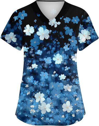 Scrubs for Women Floral Print V-Neck Short Sleeve Scrub Top Plus Size Nurse Shirt Soft Nurse Uniform with Pockets in Saudi Arabia