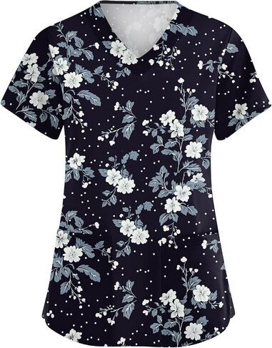 Scrubs for Women Floral Print V-Neck Short Sleeve Scrub Top Plus Size Nurse Shirt Soft Nurse Uniform with Pockets in Saudi Arabia