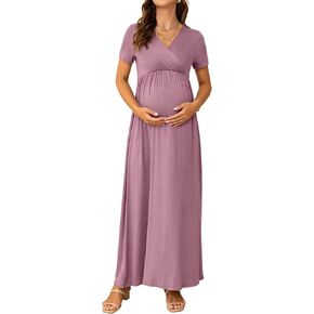 Maternity Nursing Maxi Dress, Short Sleeve Wrap V Neck for Spring Summer Baby Shower Photoshoot Wedding Guest in Saudi Arabia