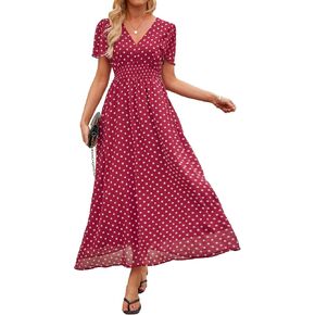 Polka Dot Dress for Women 2026 Summer V Neck Empire Waist Chiffon Maxi Long Dresses with Pockets Wedding Guest Party Beach in Saudi Arabia