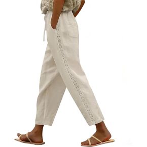 Puimentiua Linen Pants Women Breathable Drawstring Elastic Waist Capri Pants with Lace Side Summer Casual Beach Trousers in Saudi Arabia