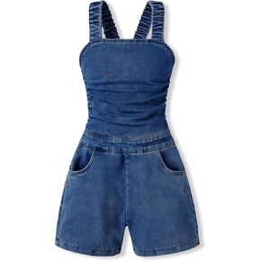 Girls Clothes Summer Jumpsuits Denim Short Sleeveless Bow Cross Straps Side Pockets One Piece Outfits 7-11 Years in Kuwait