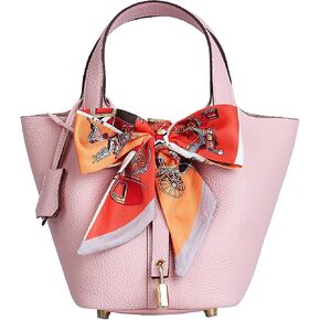 Leather Handbag (Scarf Detaches) Genuine Leather Bucket Bag for Women,Market Tote Bags with Metal Clasp in Saudi Arabia