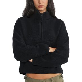 Fleece Sweatshirts for Women Cropped Long Sleeve Half Zip Pullover Sherpa Jacket Warm Fuzzy Coats with Pockets(Black,L) in Saudi Arabia