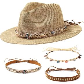 Nollia Western Straw Cowboy Hat for Women - Wide Brim Sun Hat with 3 Interchangeable Beaded Bands, Adjustable Fit, Lightweight & Breathable for Festivals, Rodeos, Travel & Outdoor Adventures Khaki in Saudi Arabia