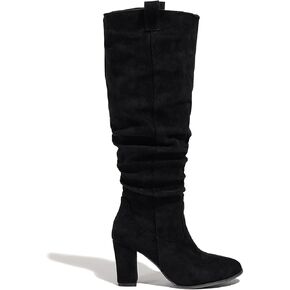 Seborluys Women's Suede Slouchy Knee High Boots Block High Heel Round Toe Tall Boots With Side Zipper Ruched Cowgirl Slouch Comfortable Dress Fashion Boot in Kuwait