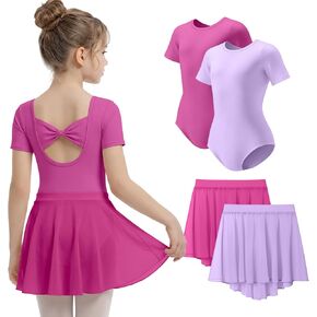 2 Pack Ballet Leotards for Girls Short Sleeve Dance Dress with Removable Skirt Toddler Ballet Outfit with Bow Back in Kuwait