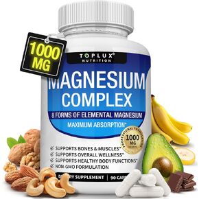 Magnesium Complex Supplement 8 Elemental 1000mg - Magnesium Glycinate, Citrate, Malate, Taurate, Chelated for Easy Absorption for Bones, Muscle, Recovery, Energy, Vegan Non-GMO 90 Capsules in Kuwait