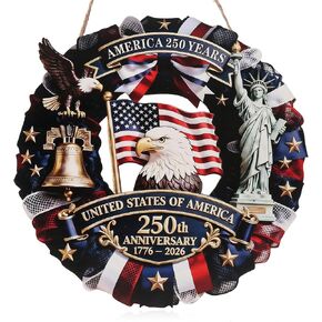 Spiritlele 250th Anniversary USA Door Sign Patriotic Wreath 4th of July Hanging Plaque 250 Years Indoor Decoration for Front Door Home Office Celebration Gift in Kuwait
