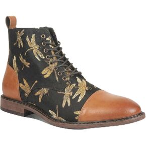 Men’s Lace-Up Dress Boot with Cap Toe, Dragonfly Print Textile Upper, Vintage Ankle Style, Cushioned Insole, Low Heel for Office, Travel, Nights Out in Saudi Arabia