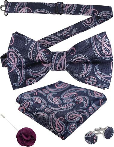Alizeal Mens 4pcs Paisley Pattern Pre-tied Bow Tie, Pocket Square, Cufflinks and Boutonniere Set for Wedding in Kuwait