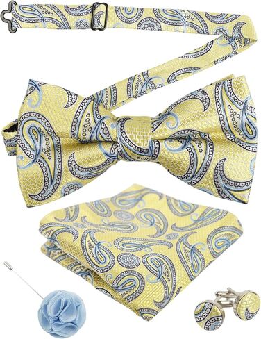 Alizeal Mens 4pcs Paisley Pattern Pre-tied Bow Tie, Pocket Square, Cufflinks and Boutonniere Set for Wedding in Kuwait