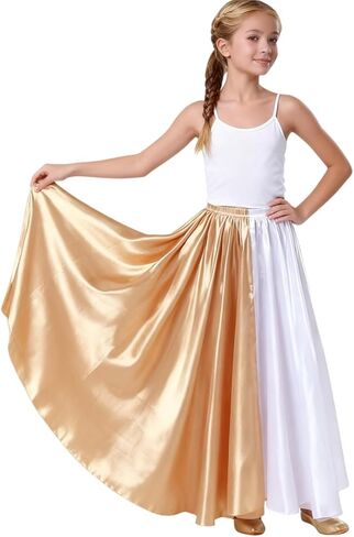 Flowy Swing Girls' Two-Tone Satin Dance Skirt for Ballet Folkloric Mexican Flamenco Dance Performance Class & Recital in Saudi Arabia