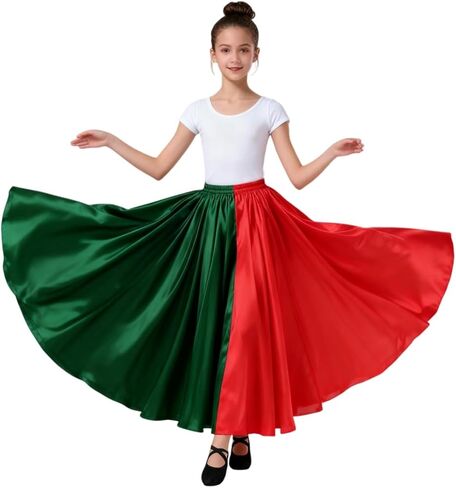 Flowy Swing Girls' Two-Tone Satin Dance Skirt for Ballet Folkloric Mexican Flamenco Dance Performance Class & Recital in Saudi Arabia