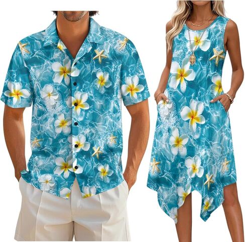 Couple Matching Outfit Hawaiian Men's Button Down Shirt Sleeveless Sundresses Dress Summer Dress for Women 2026 in Saudi Arabia
