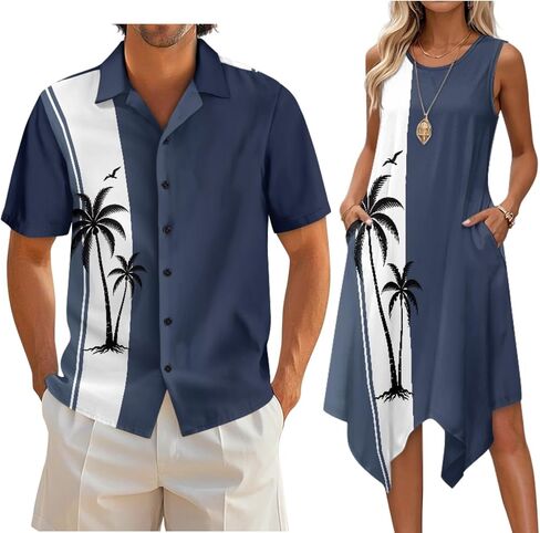 Couple Matching Outfit Hawaiian Men's Button Down Shirt Sleeveless Sundresses Dress Summer Dress for Women 2026 in Saudi Arabia