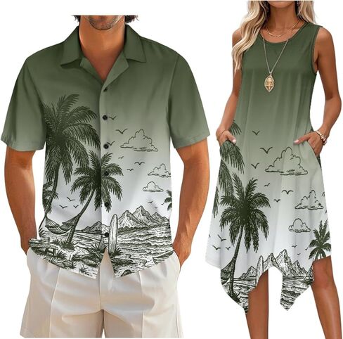 Couple Matching Outfit Hawaiian Men's Button Down Shirt Sleeveless Sundresses Dress Summer Dress for Women 2026 in Saudi Arabia