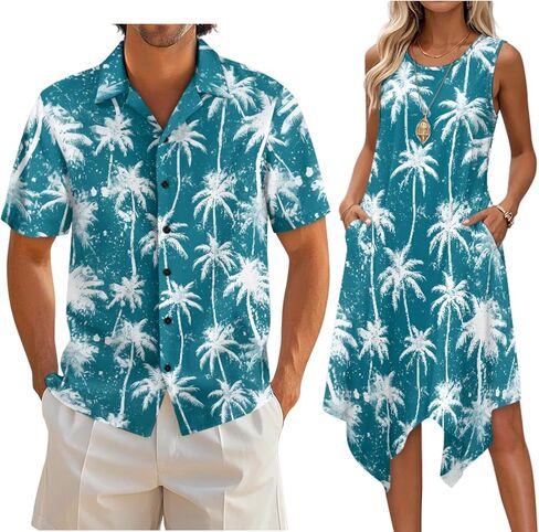 Couple Matching Outfit Hawaiian Men's Button Down Shirt Sleeveless Sundresses Dress Summer Dress for Women 2026 in Saudi Arabia