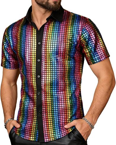 Men's Sequin 70s 80s Disco Shirt, Metallic Short Sleeve Button Down Shirts Sparkle Party Shirt Clubwear in Saudi Arabia