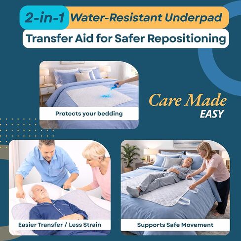 Washable Underpads with Handles 36"x52" (1 Pack) – Reusable Waterproof Transfer Bed Pad with 8 Handles for Patient Transfer & Repositioning Support, Leakproof Bed Pad for Adults & Caregivers in Saudi Arabia