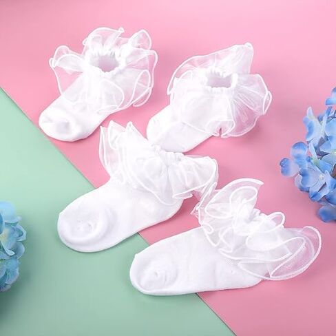3 Pairs Ruffle Socks For Girls White Ruffle Socks Big Girls Sock 6-8 Years Old Cute Lace Sock Comfortable Crew Frilly Trim Dress Princess Style Ankle Kids White in Saudi Arabia