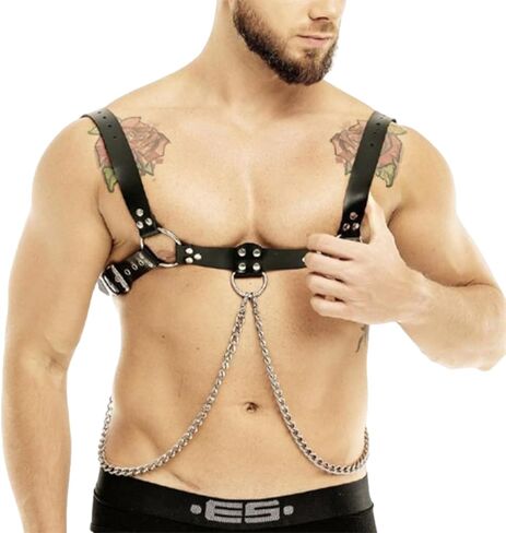 Men Chest Harness Men's Harness Belt with Chain Sexy Punk Body Harness Belt Buckle Clothes Outfits Shoulder Straps with Buckle Nightclub Cosplay Clubwear Mardi Gras Valentine's Day Gift in Saudi Arabia