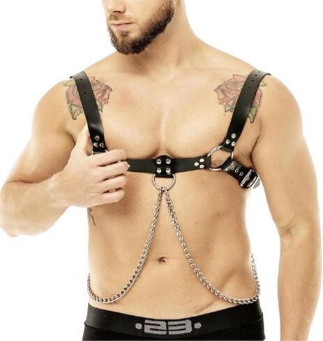 Men Chest Harness Men's Harness Belt with Chain Sexy Punk Body Harness Belt Buckle Clothes Outfits Shoulder Straps with Buckle Nightclub Cosplay Clubwear Mardi Gras Valentine's Day Gift in Saudi Arabia